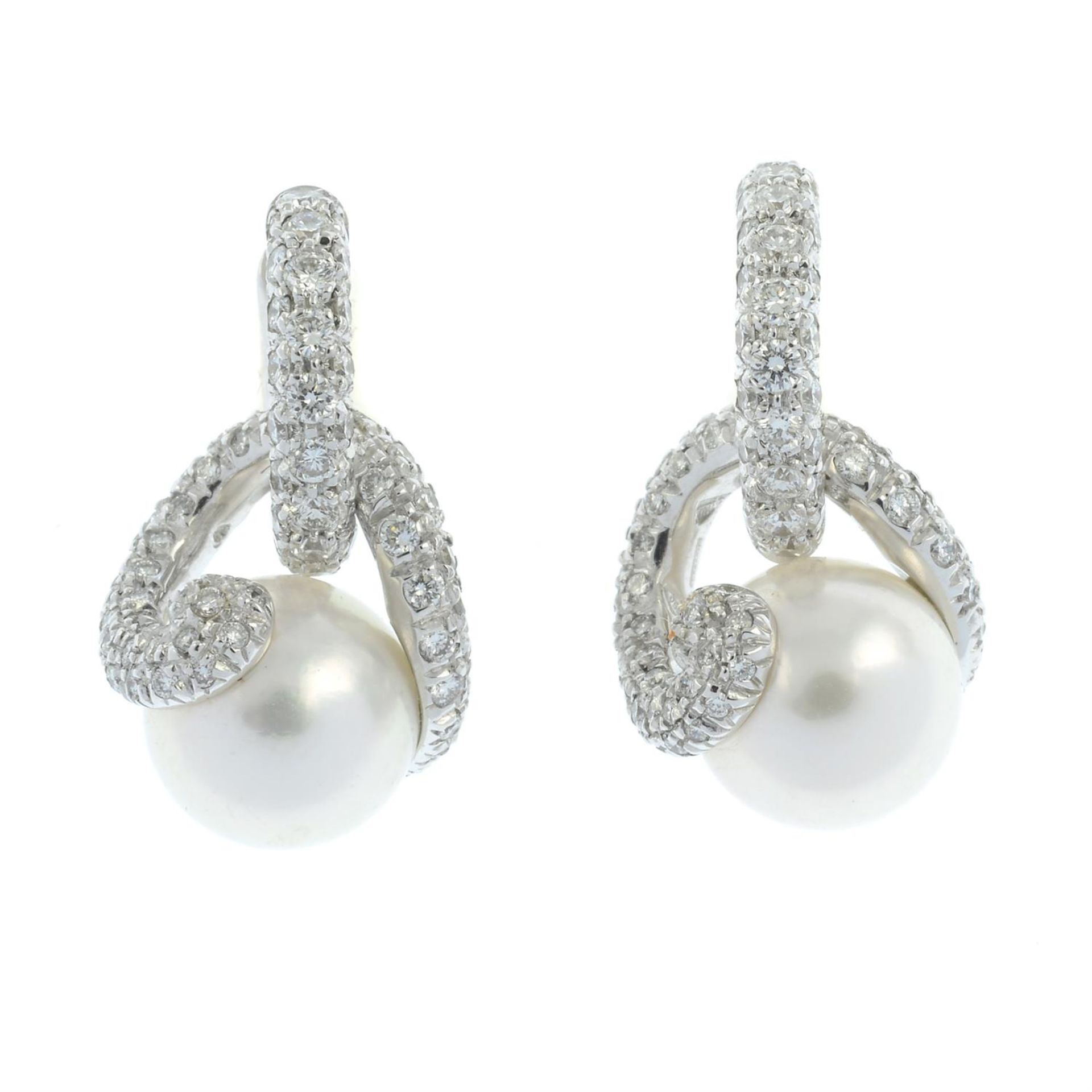 A pair of cultured pearl and pavé-set diamond drop earrings, by Mikimoto. - Image 2 of 3