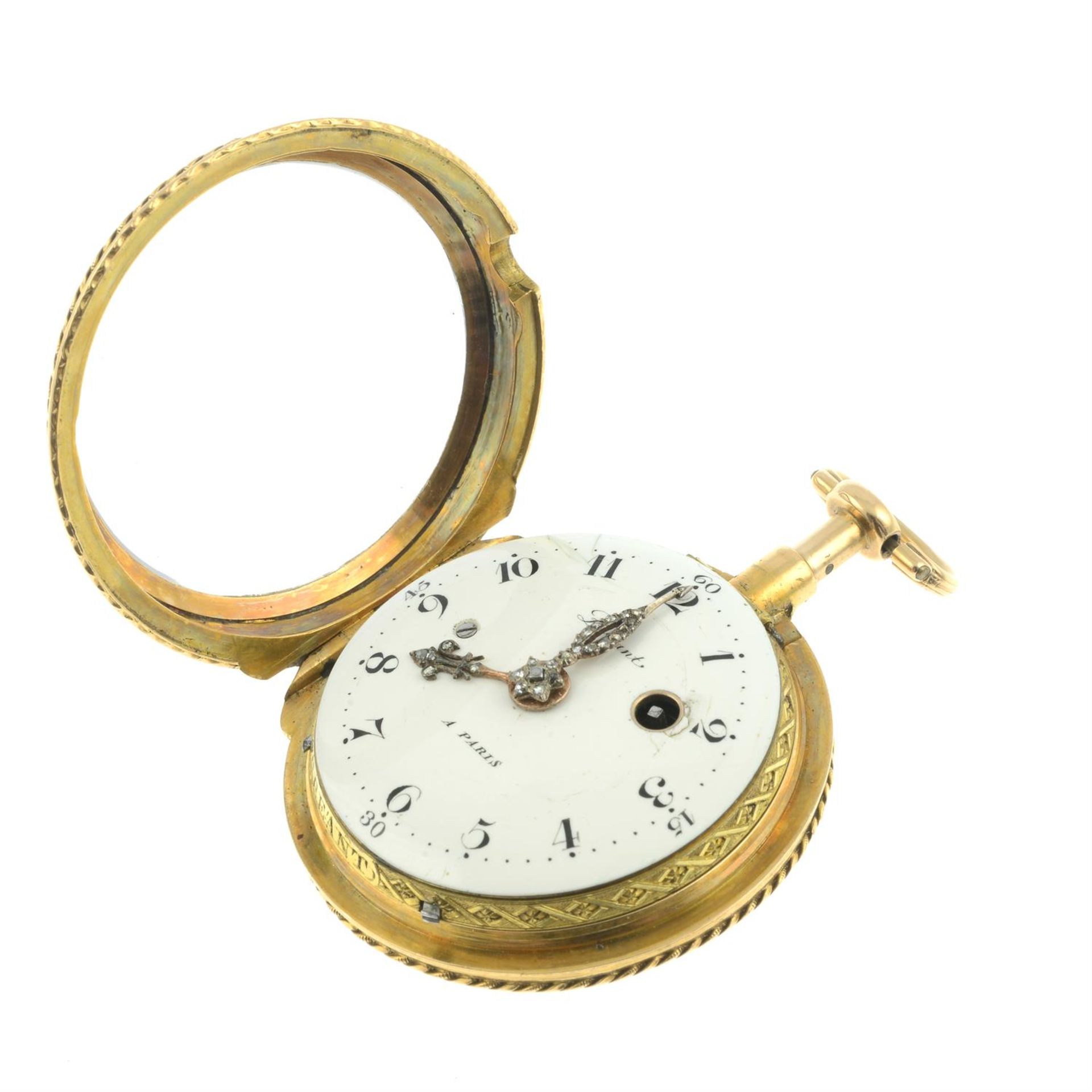 A late 18th century tri-colour 18ct gold pocket watch, with rose-cut diamond hands, - Bild 4 aus 4