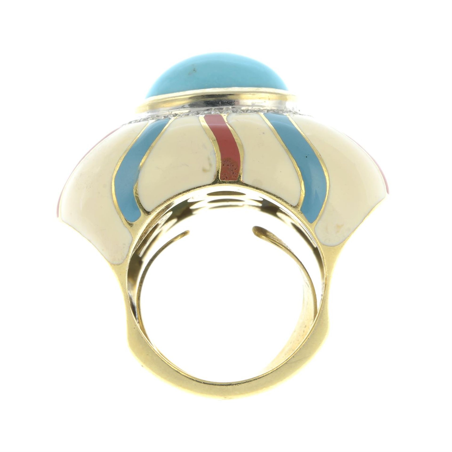 A turquoise, brilliant-cut diamond and enamel cocktail ring. - Image 5 of 6