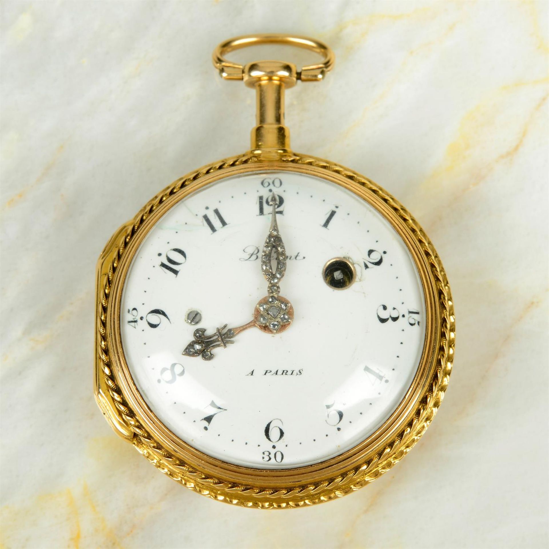 A late 18th century tri-colour 18ct gold pocket watch, with rose-cut diamond hands,