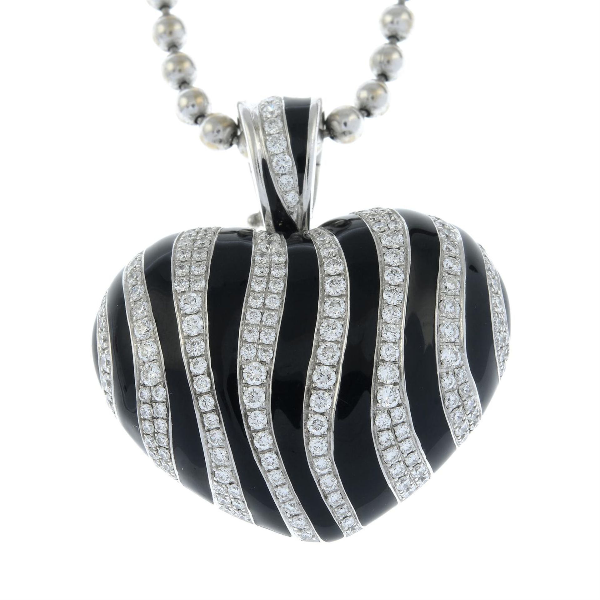 An 18ct gold pavé-set diamond and undulating black enamel striped heart pendant, with bead-link - Image 2 of 5
