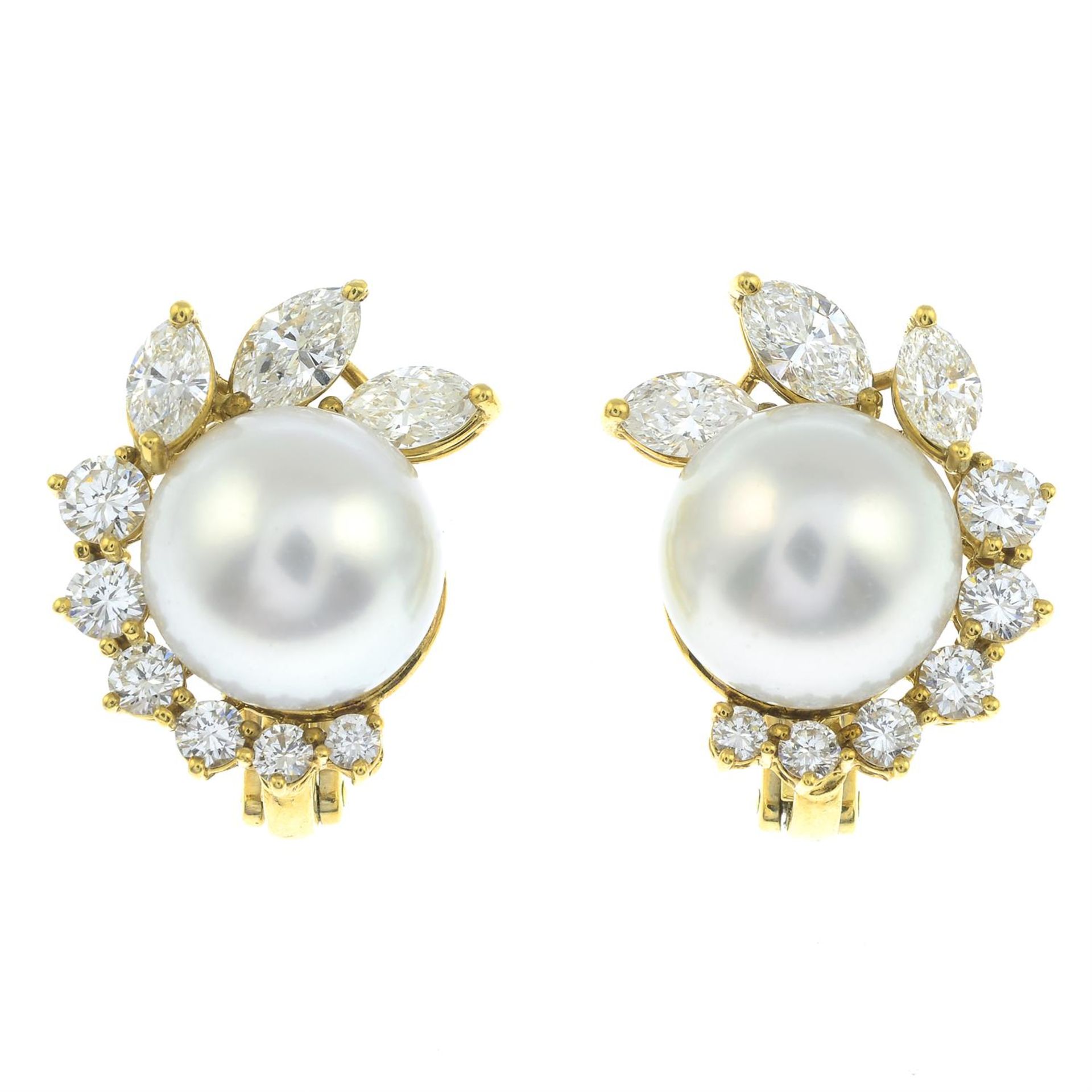 A pair of cultured pearl and vari-cut diamond foliate earrings, by Carl Bucherer. - Image 2 of 3