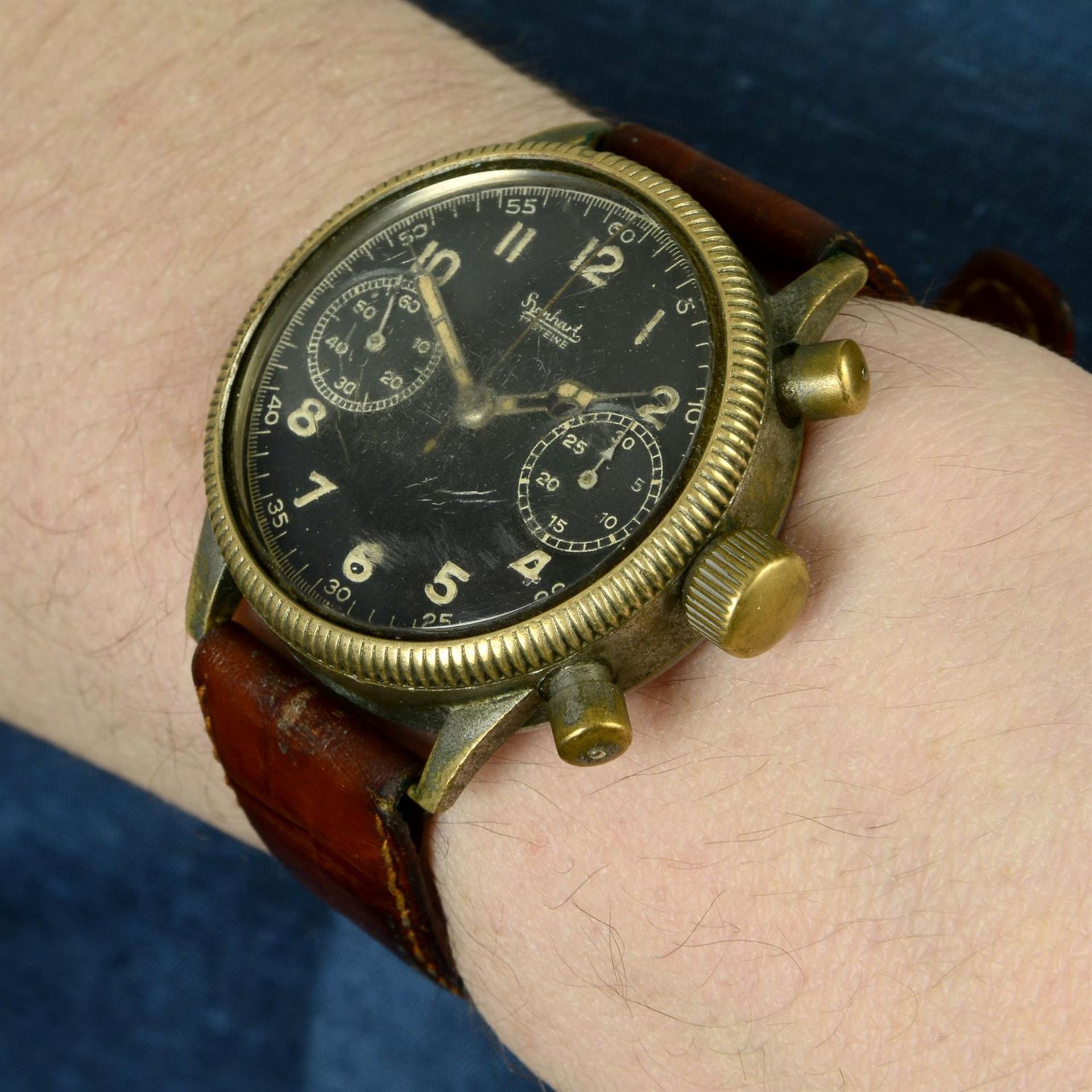 HANHART - a nickel plated chronograph wrist watch, 39mm. - Bild 5 aus 5