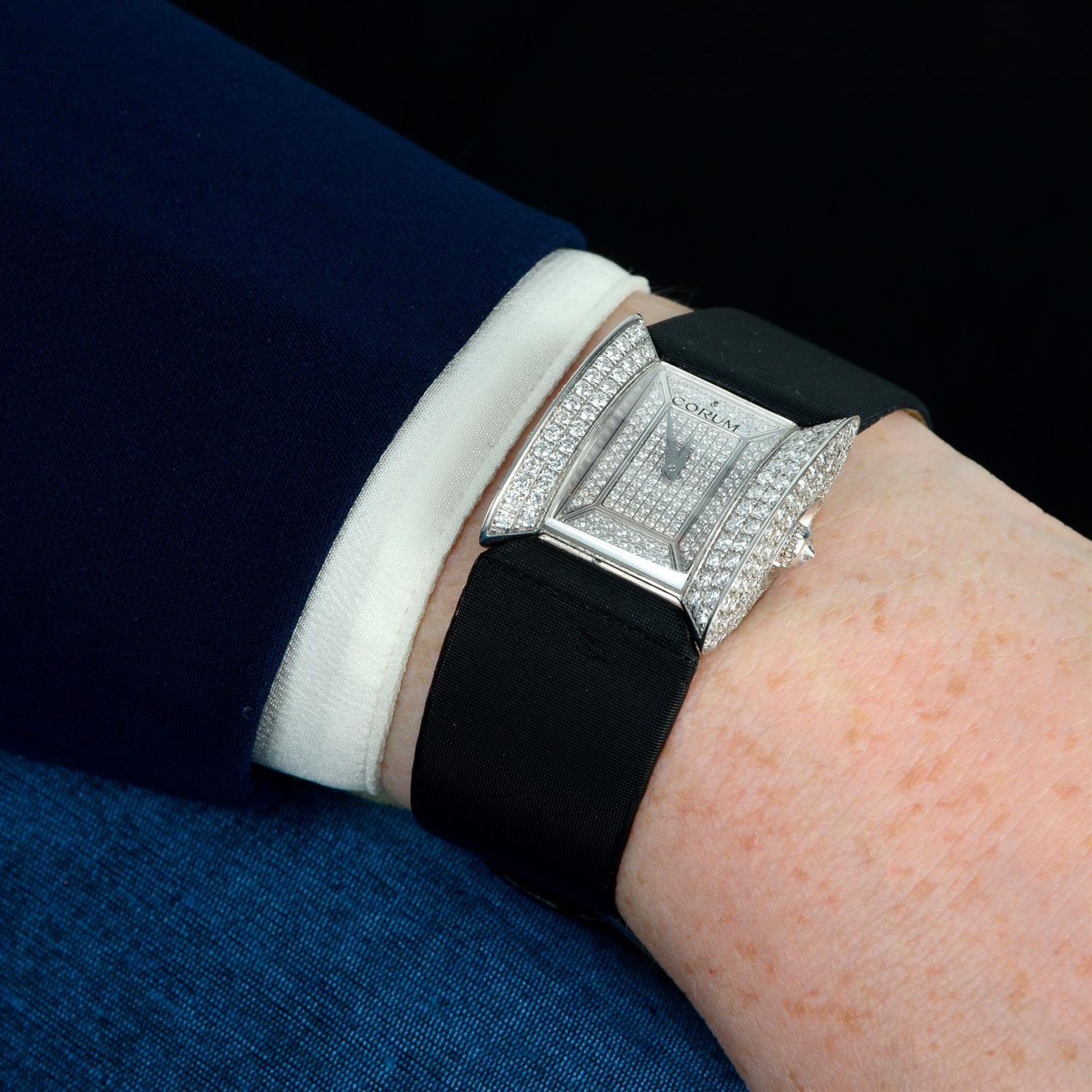 CORUM - a factory diamond set 18ct white gold Butterfly wrist watch, 23x20mm. - Image 5 of 5
