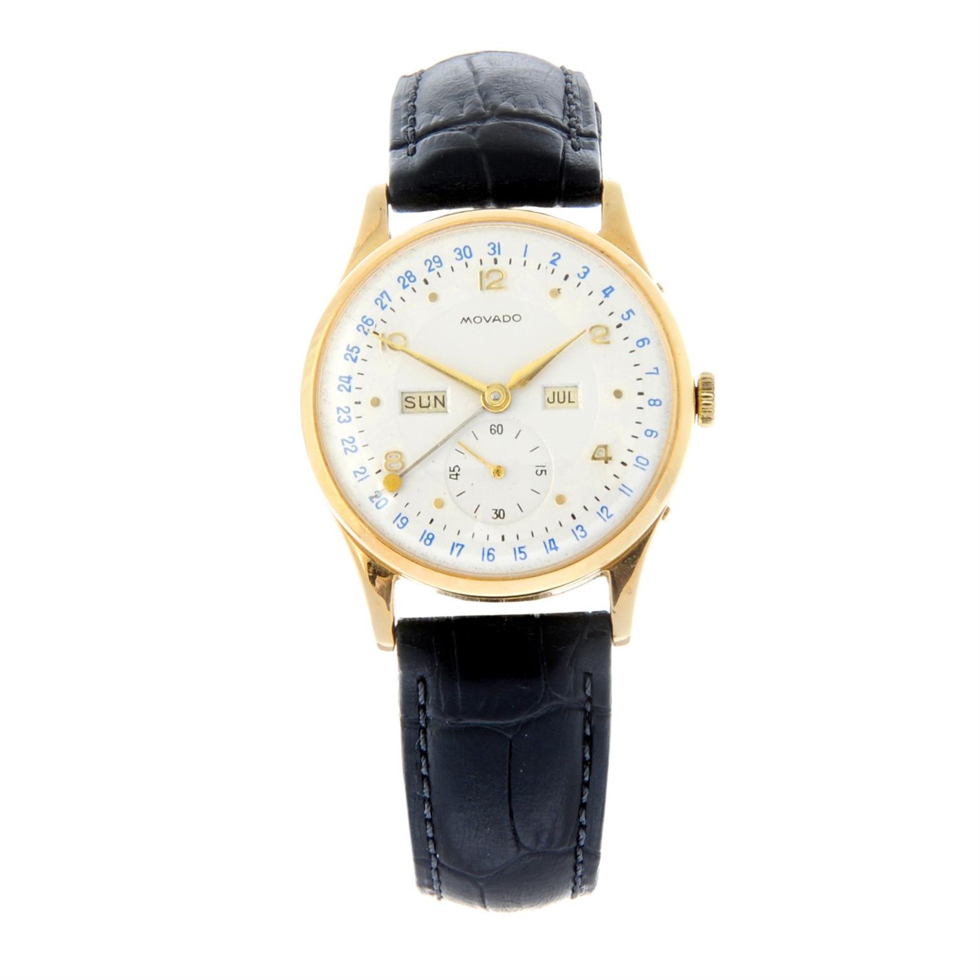 MOVADO - an 18ct yellow gold triple date wrist watch, 33mm.
