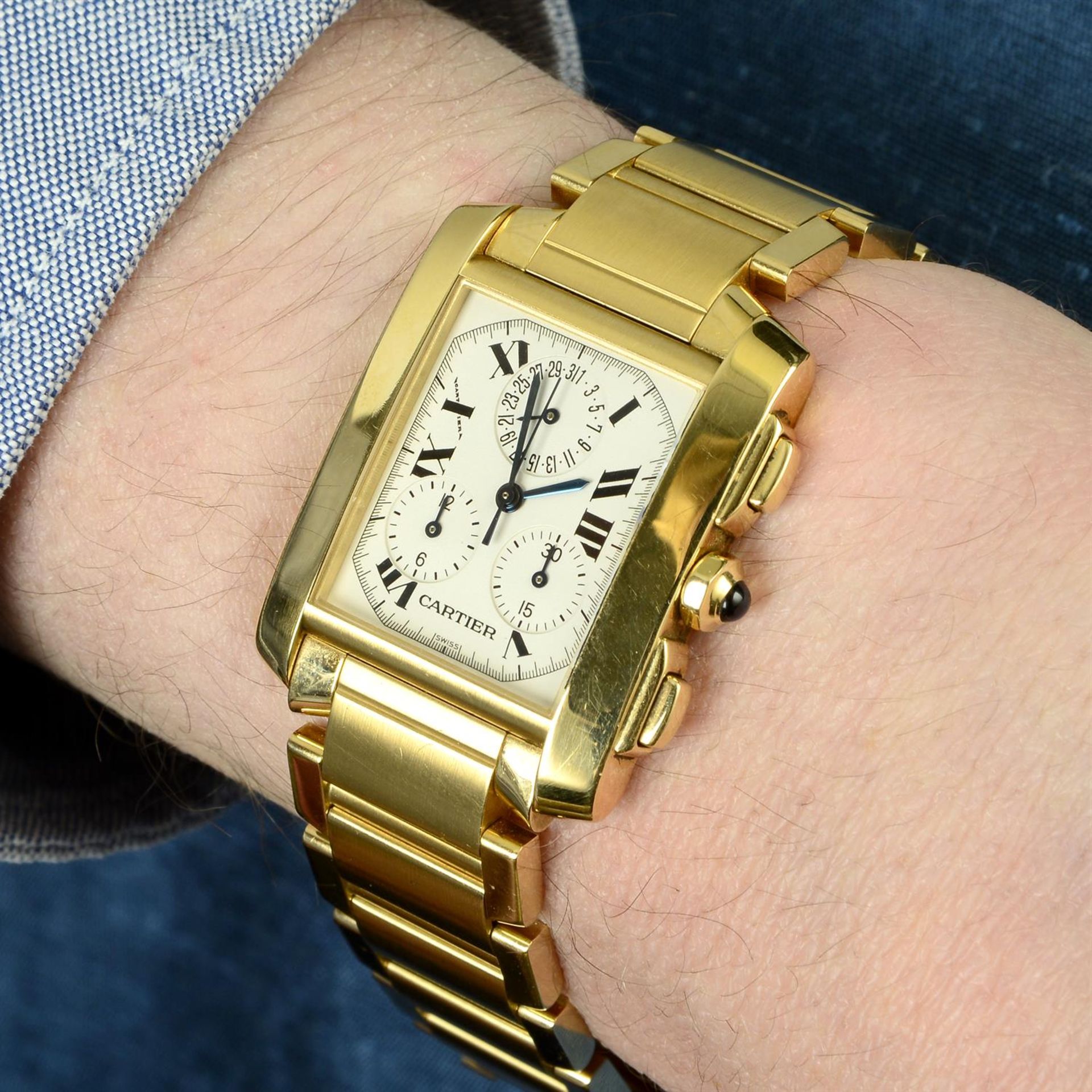 CARTIER - an 18ct yellow gold Tank Francaise chronograph bracelet watch, 28mm. - Image 6 of 6
