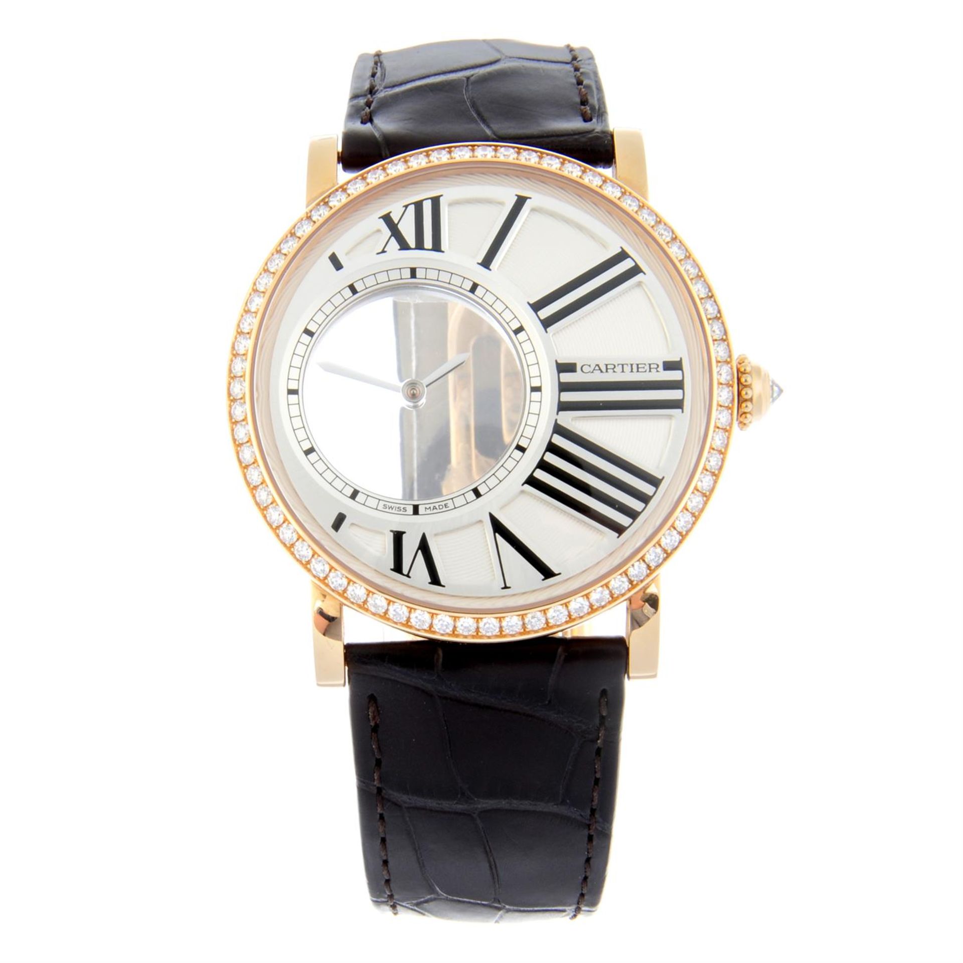 CARTIER - an 18ct rose gold Rotonde de Cartier Mystérieuse wrist watch, 42mm.