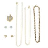 A selection of five jewellery, comprising two pairs of earrings, a bracelet, a locket and two