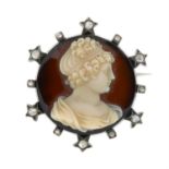 A late 19th century silver and gold agate cameo and rose-cut diamond brooch.