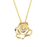 An 18ct gold diamond openwork rose pendant, with chain.