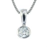 A brilliant-cut diamond single-stone pendant, with 9ct gold chain.