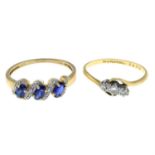 A 9ct gold synthetic sapphire and single-cut diamond ring, together with a diamond three-stone ring.