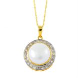 A 14ct gold mabé pearl and brilliant-cut diamond cluster pendant, with 9ct gold rope-link chain.