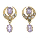 A pair of split pearl and amethyst crescent drop earrings.