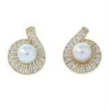 A pair of cultured pearl and diamond earrings.