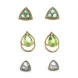 A pair of 9ct gold emerald earrings, and two further pairs of earrings.