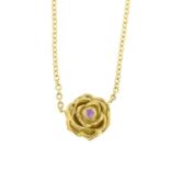 An 18ct gold pink sapphire rose pendant, with integral chain.