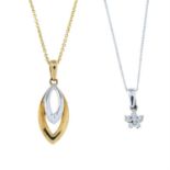 A 9ct gold diamond cluster pendant, with chain, and a diamond bi-colour pendant, with chain.