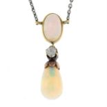 An opal and old-cut diamond drop pendant.