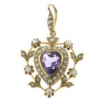 An early 20th century 9ct gold amethyst and split pearl heart pendant.