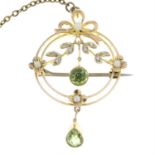 An early 20th century 9ct gold split pearl and peridot floral openwork brooch.