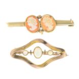 A mid 20th century 9ct gold opal brooch, together with a shell cameo brooch.