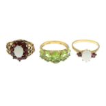 Three 9ct gold gem-set rings.