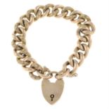 A late 19th century 9ct gold bracelet with alternating textured links and heart-shape padlock clasp.