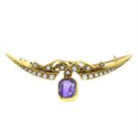 A late 19th century 15ct gold split pearl brooch with amethyst drop.