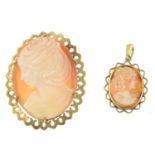 A 9ct gold shell cameo brooch and a 9ct gold shell cameo pendant.