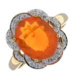 A 9ct gold fire opal and single-cut diamond ring.