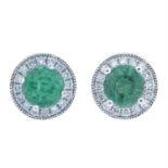 A pair of 18ct gold emerald and diamond cluster earrings.