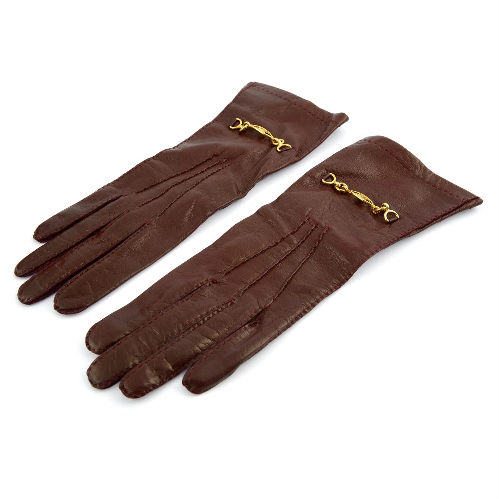 CÉLINE - a burgundy leather shoulder bag and matching leather gloves. - Image 3 of 8