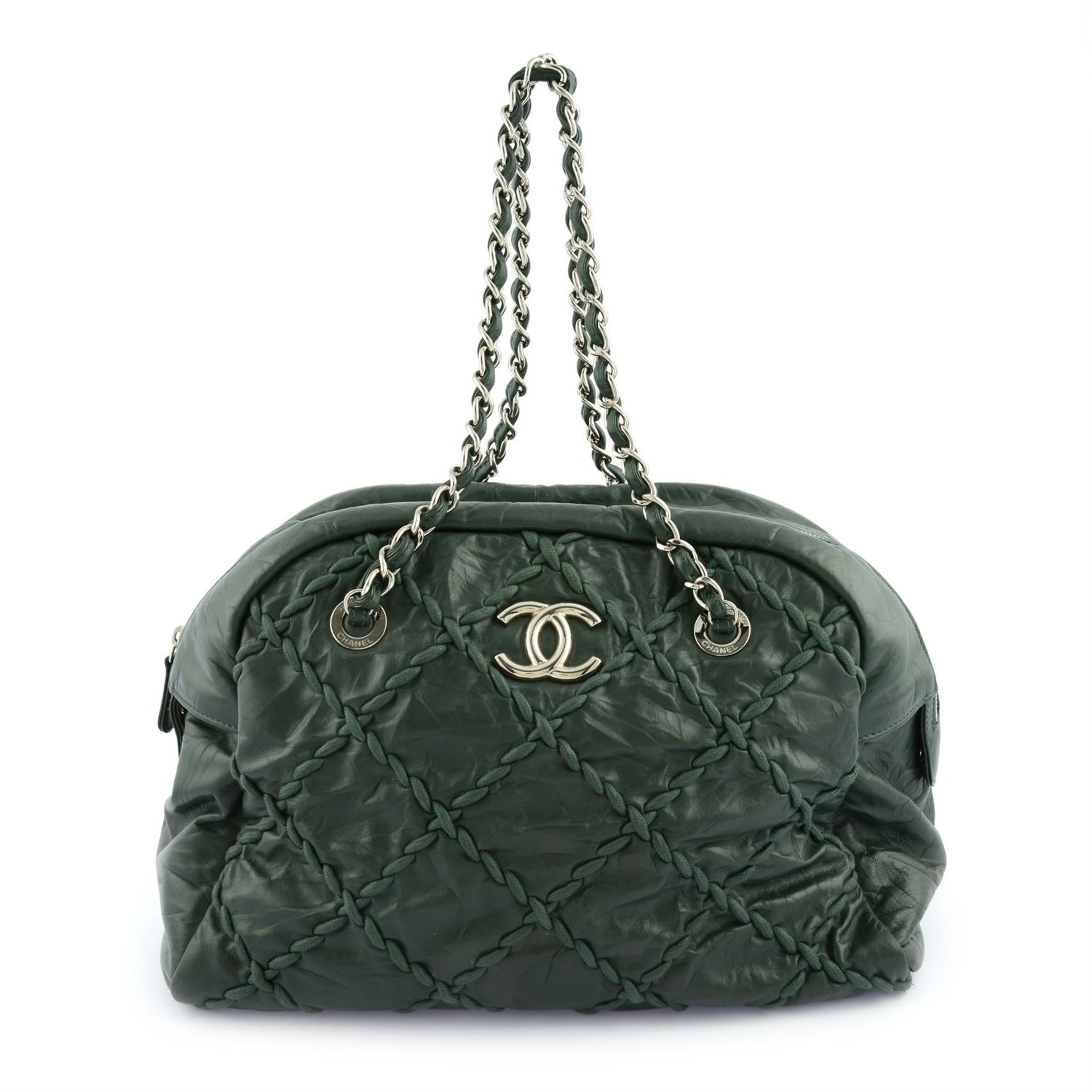 CHANEL - a green crinkled leather Ultra stitch bowling bag.