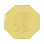 Iran, National Bank of Iran, Golden Jubilee, octagonal proof gold medal dated MS 2535 (1976).