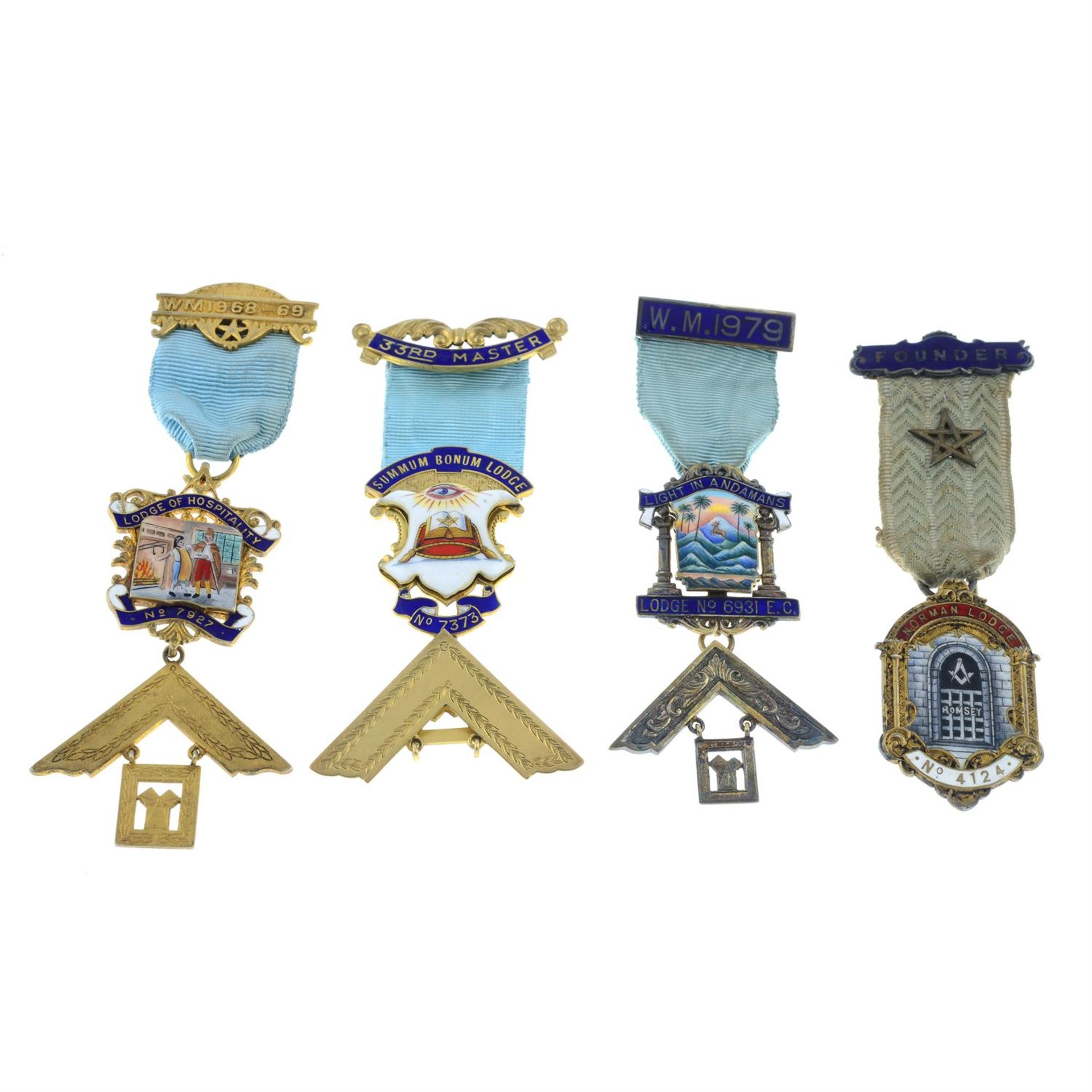 Masonic, a selection of four silver-gilt & enamel medals.