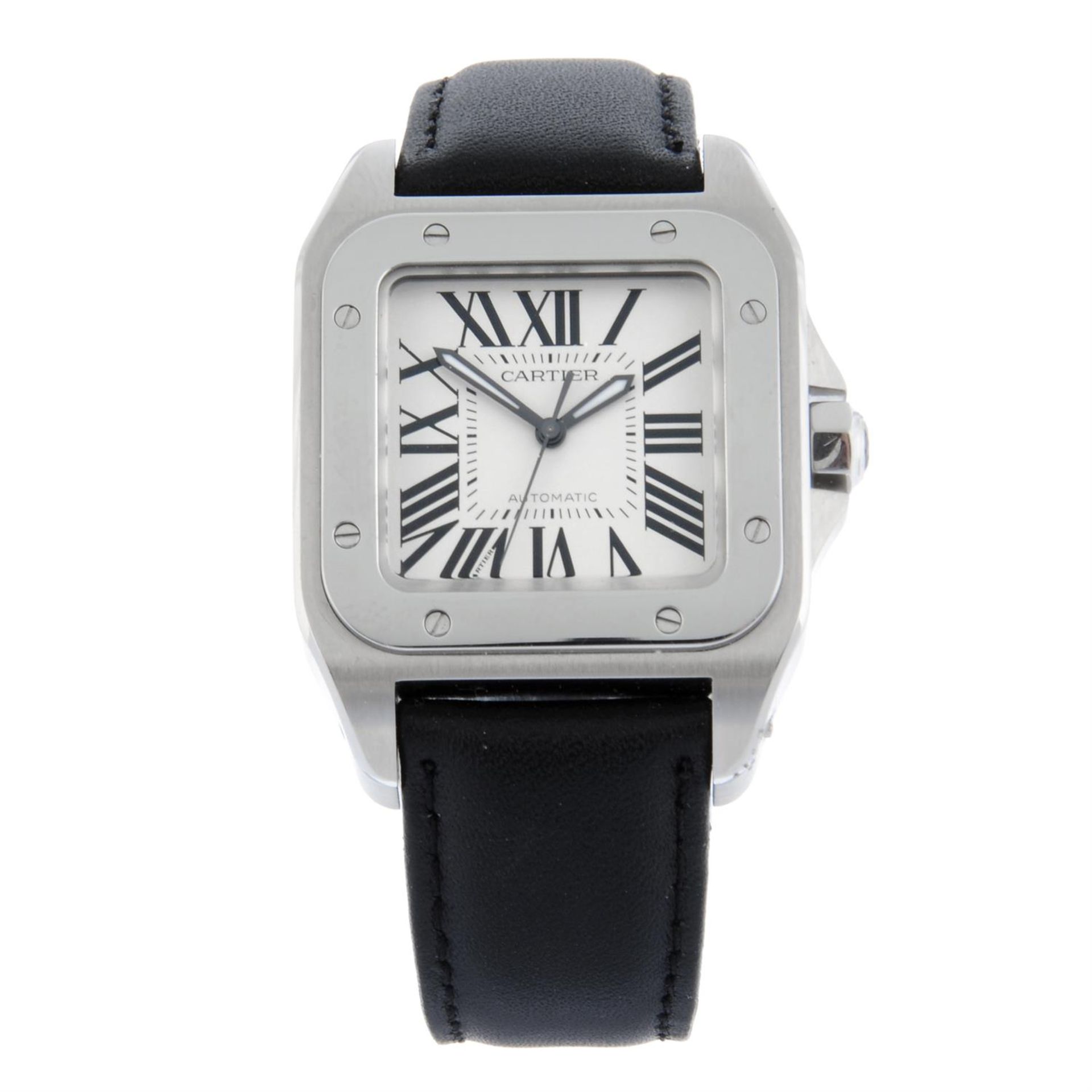 CARTIER - a stainless steel Santos 100 wrist watch, 33x33mm.