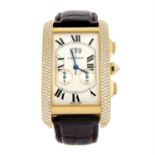 CARTIER - a factory diamond set 18ct gold Tank Américaine chronograph wrist watch, 27x37mm.