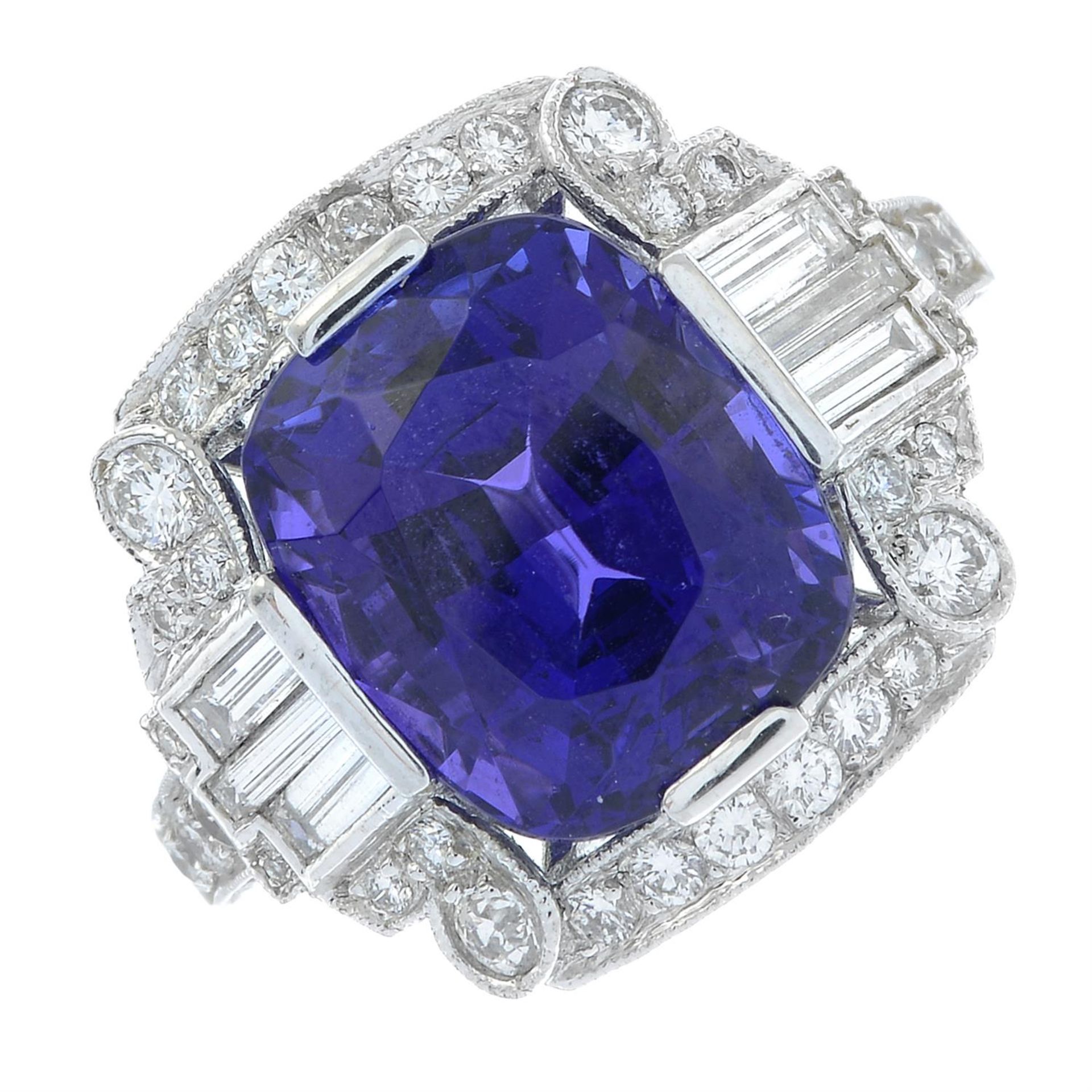 A tanzanite dress ring, with baguette and brilliant-cut diamond surround. - Image 2 of 5