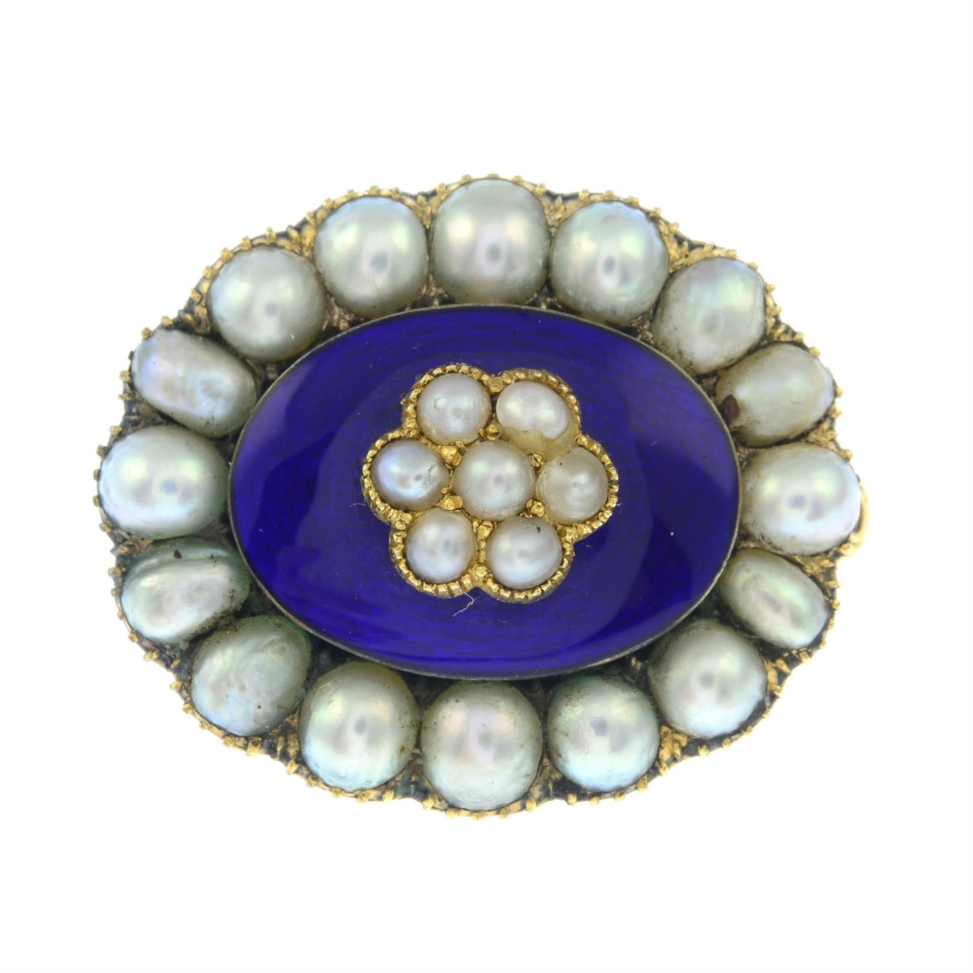 A late Georgian gold, split pearl and blue enamel mourning brooch. - Image 2 of 4
