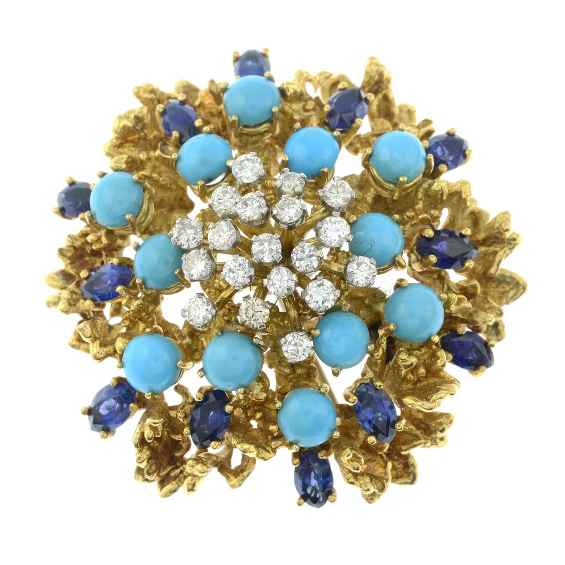 A 1970s 18ct gold diamond, turquoise and sapphire brooch. - Bild 2 aus 4