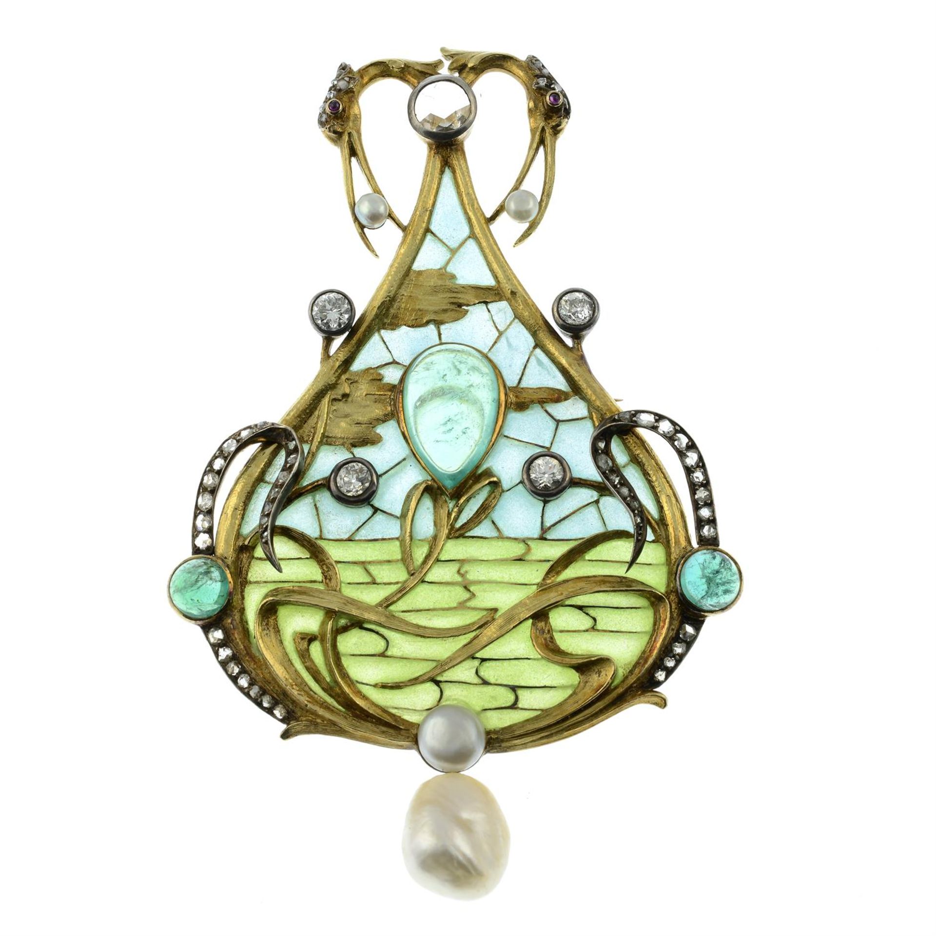 An emerald cabochon, circular and rose-cut diamond plique-a-jour enamel brooch, with pearl and ruby - Image 2 of 5