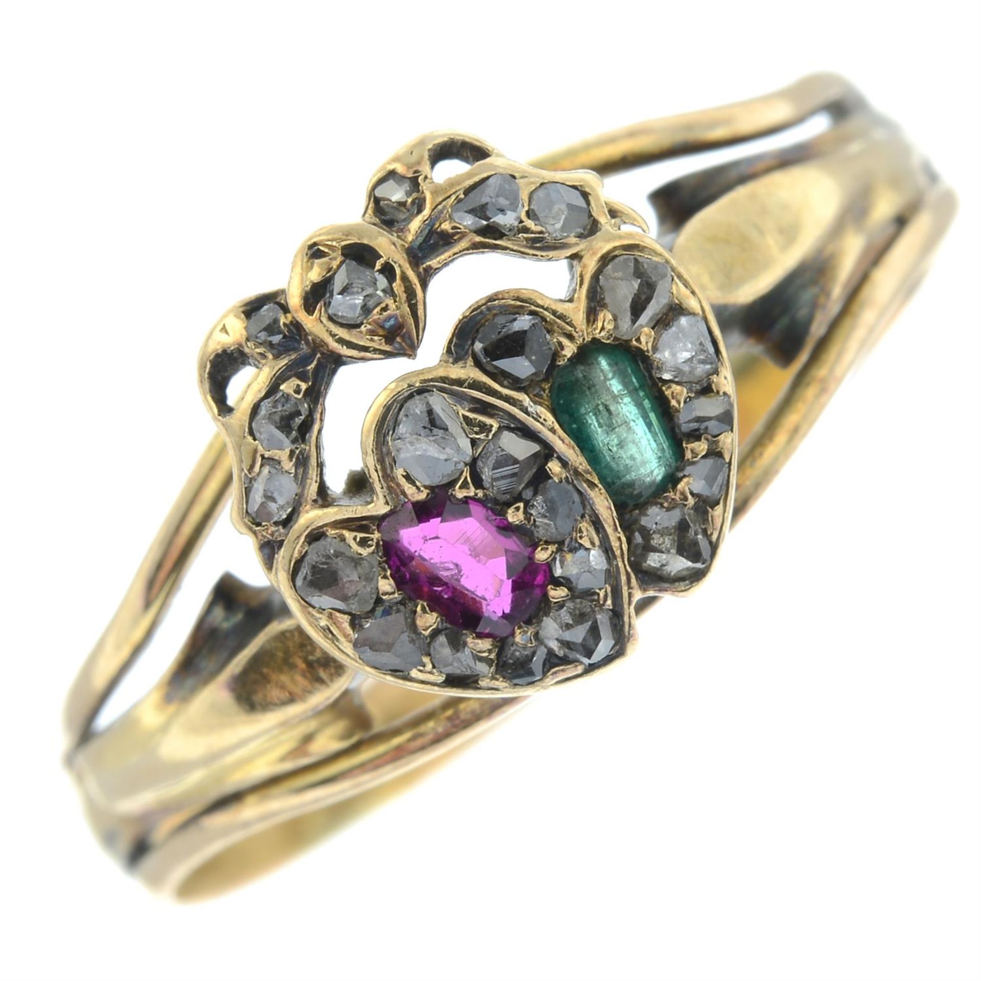 A late 19th century 15ct gold ruby, emerald and rose-cut diamond twinned hearts ring, - Image 2 of 5