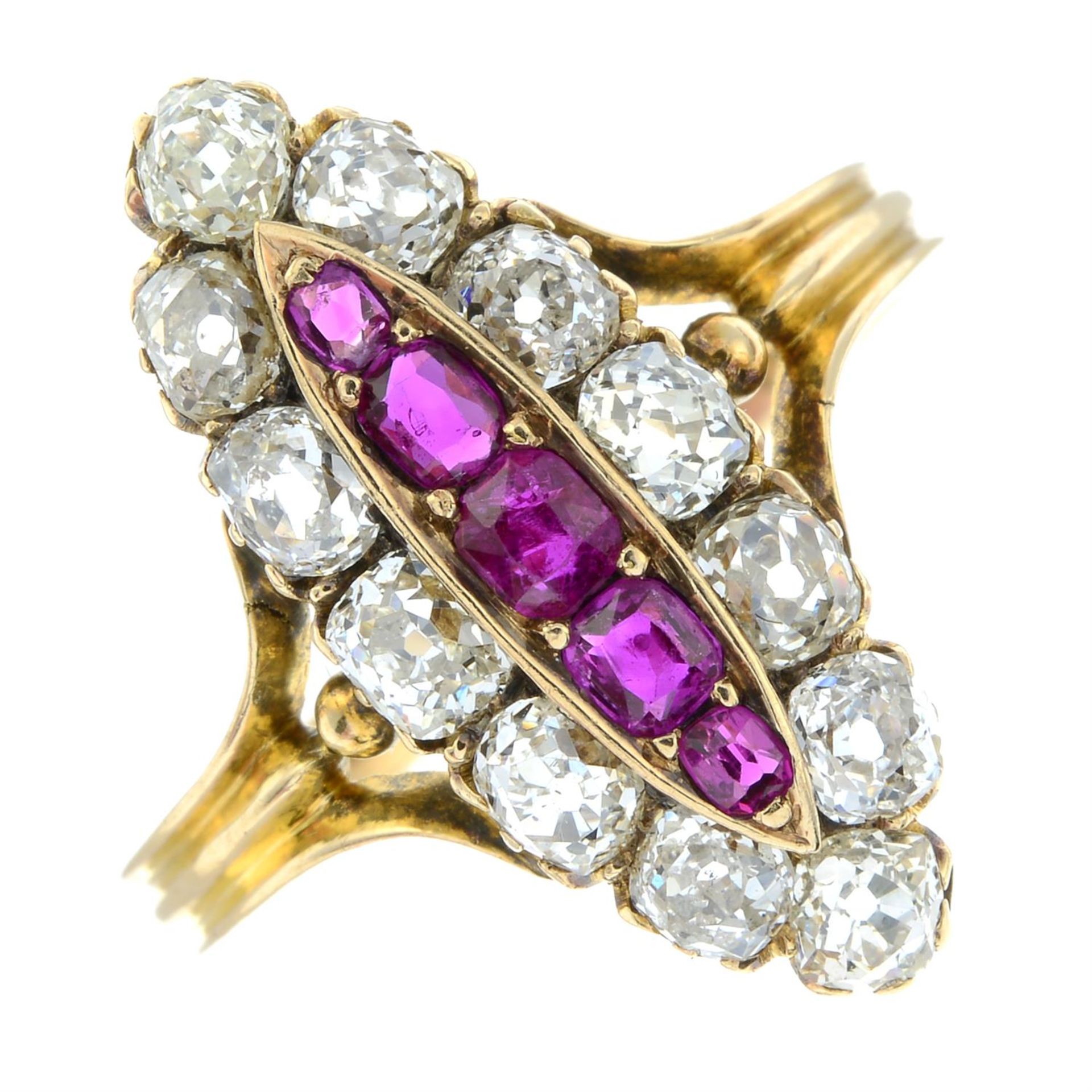 A late 19th century gold ruby and old-cut diamond marquise-shape cluster ring. - Image 2 of 5