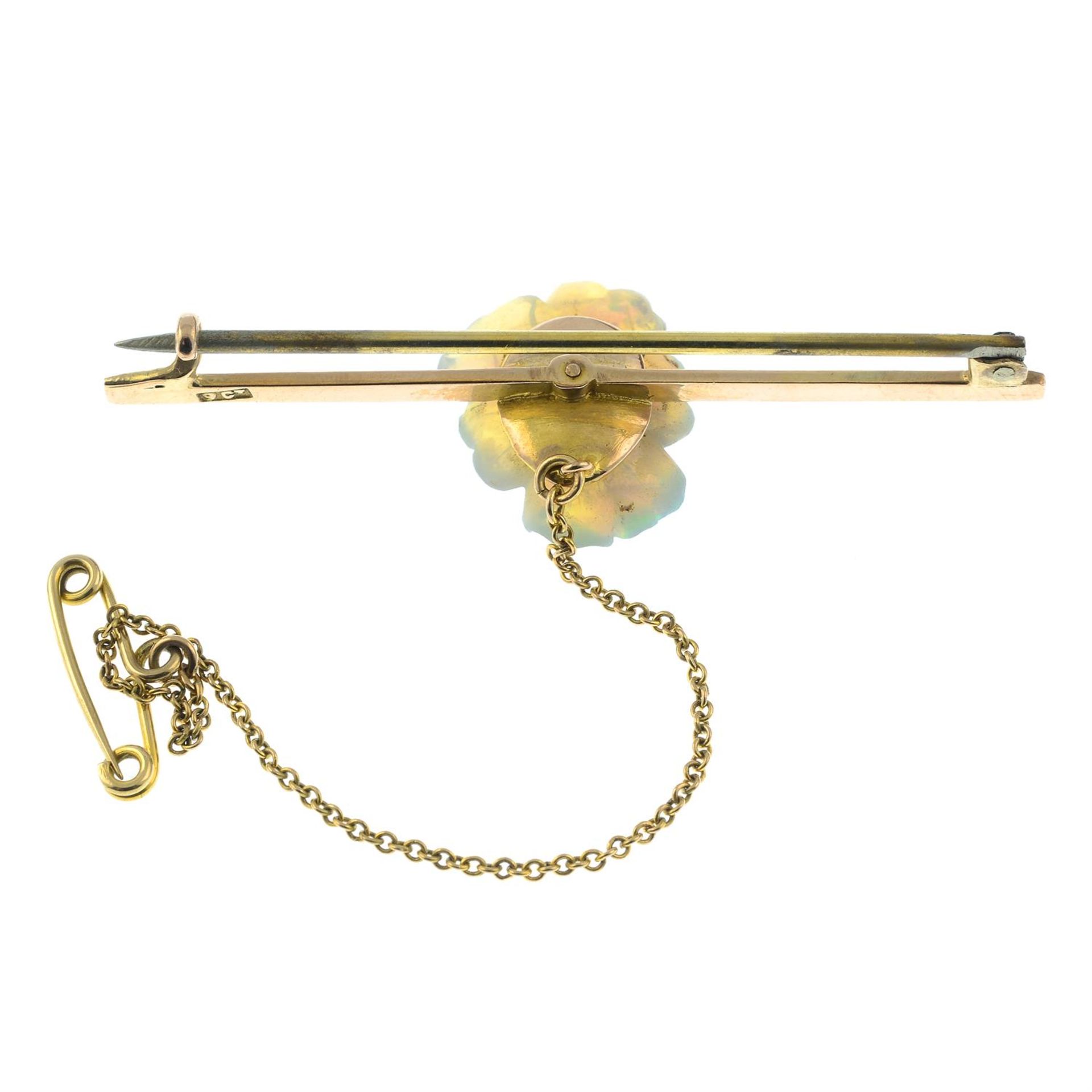 An early 20th century 9ct gold, diamond and carved opal pansy flower brooch. - Image 3 of 4