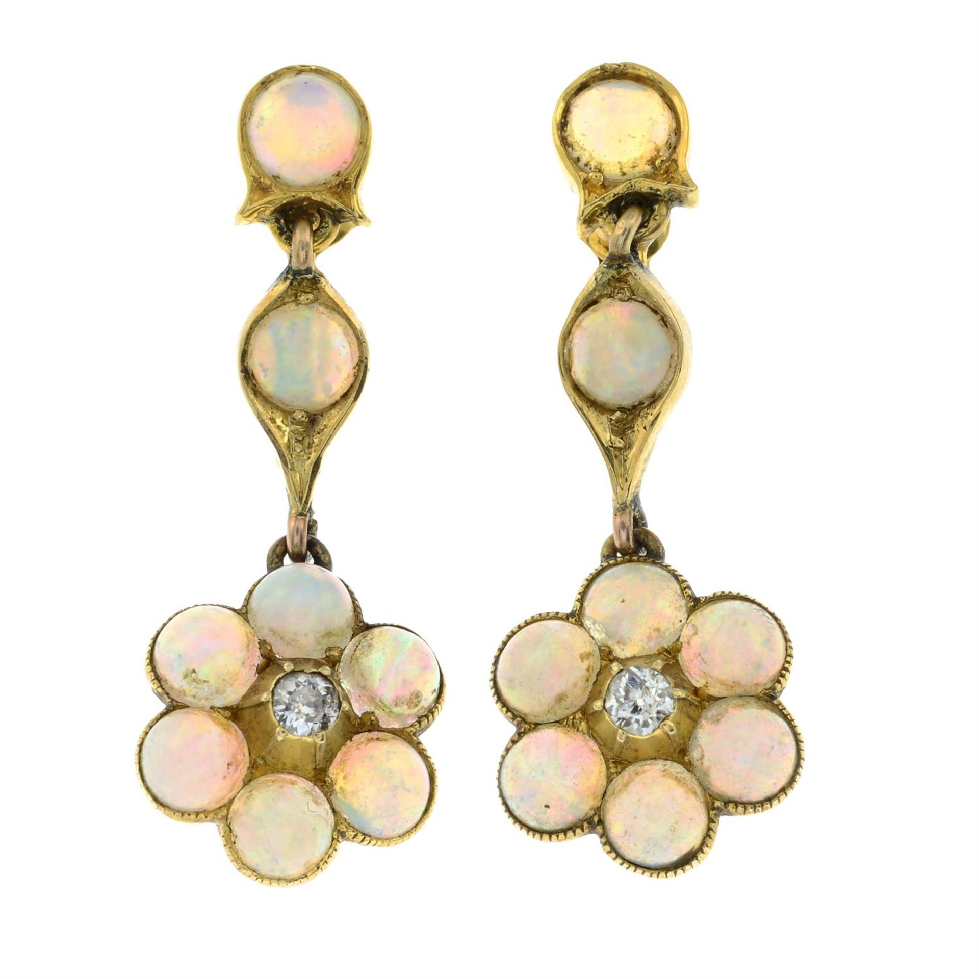 A pair of early 20th century 9ct gold opal and old-cut diamond floral drop earrings. - Image 2 of 3