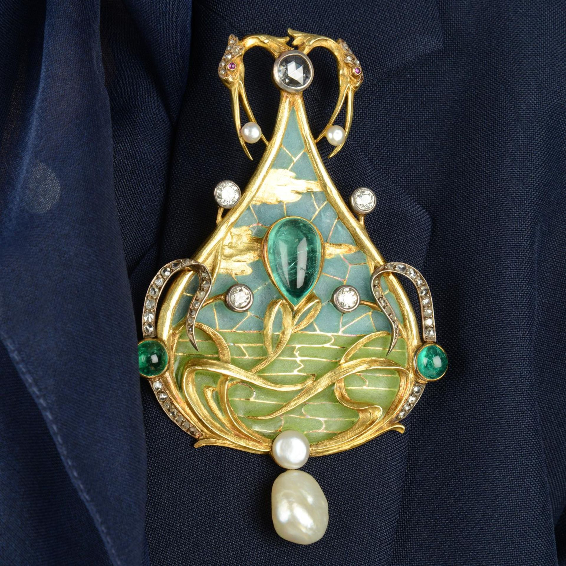 An emerald cabochon, circular and rose-cut diamond plique-a-jour enamel brooch, with pearl and ruby