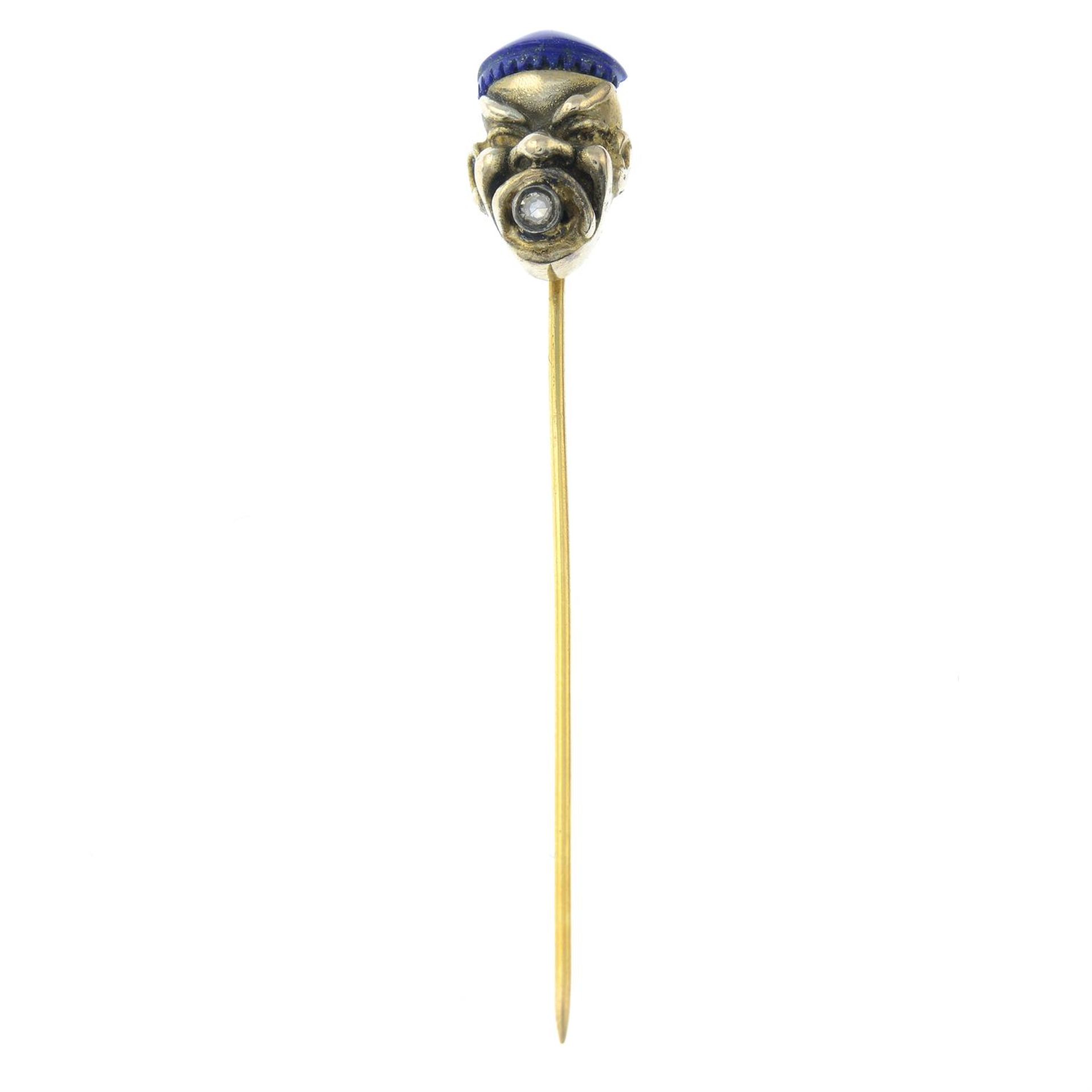 An early 20th century gold stickpin, depicting the bust of a man, with lapis lazuli hat, - Image 2 of 4