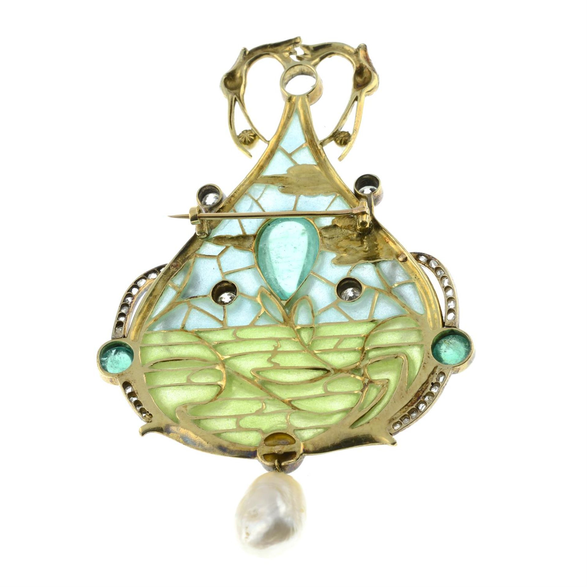 An emerald cabochon, circular and rose-cut diamond plique-a-jour enamel brooch, with pearl and ruby - Image 3 of 5