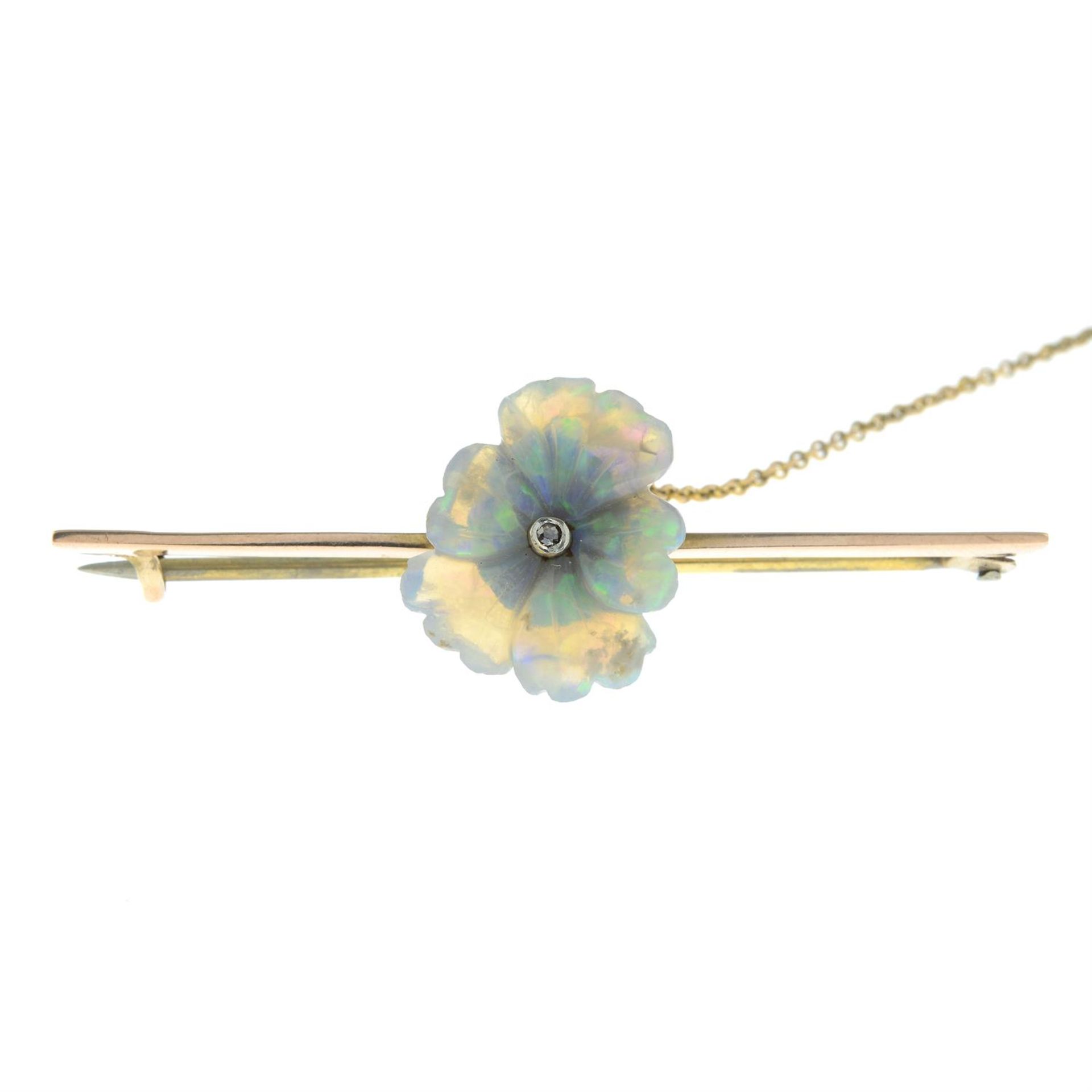 An early 20th century 9ct gold, diamond and carved opal pansy flower brooch. - Image 2 of 4